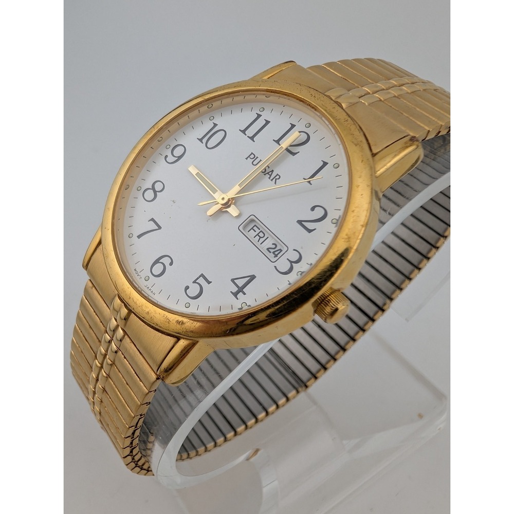 Vtg Pulsar Watch Men 35mm Case Gold Stretch Band VX33-X079 New Battery - Picture 2 of 8